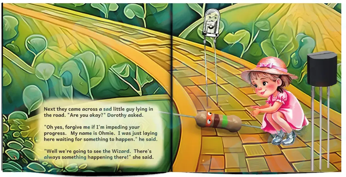 Facing pages from The Wonderful Wizard of Electronics where Dorothy and Friends meet Ohmie the Resistor.